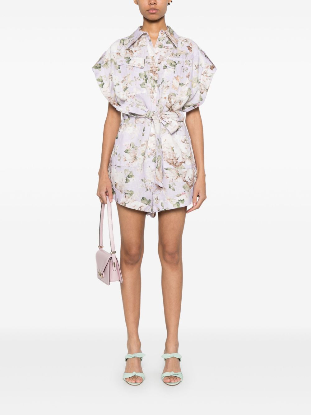 ZIMMERMANN Floral Printed Linen Playsuit with Belted Waist - Thigh Length