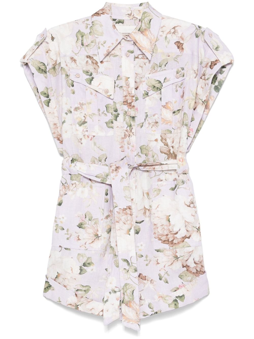 ZIMMERMANN Floral Printed Linen Playsuit with Belted Waist - Thigh Length