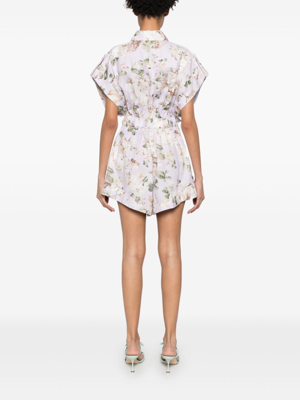 ZIMMERMANN Floral Printed Linen Playsuit with Belted Waist - Thigh Length