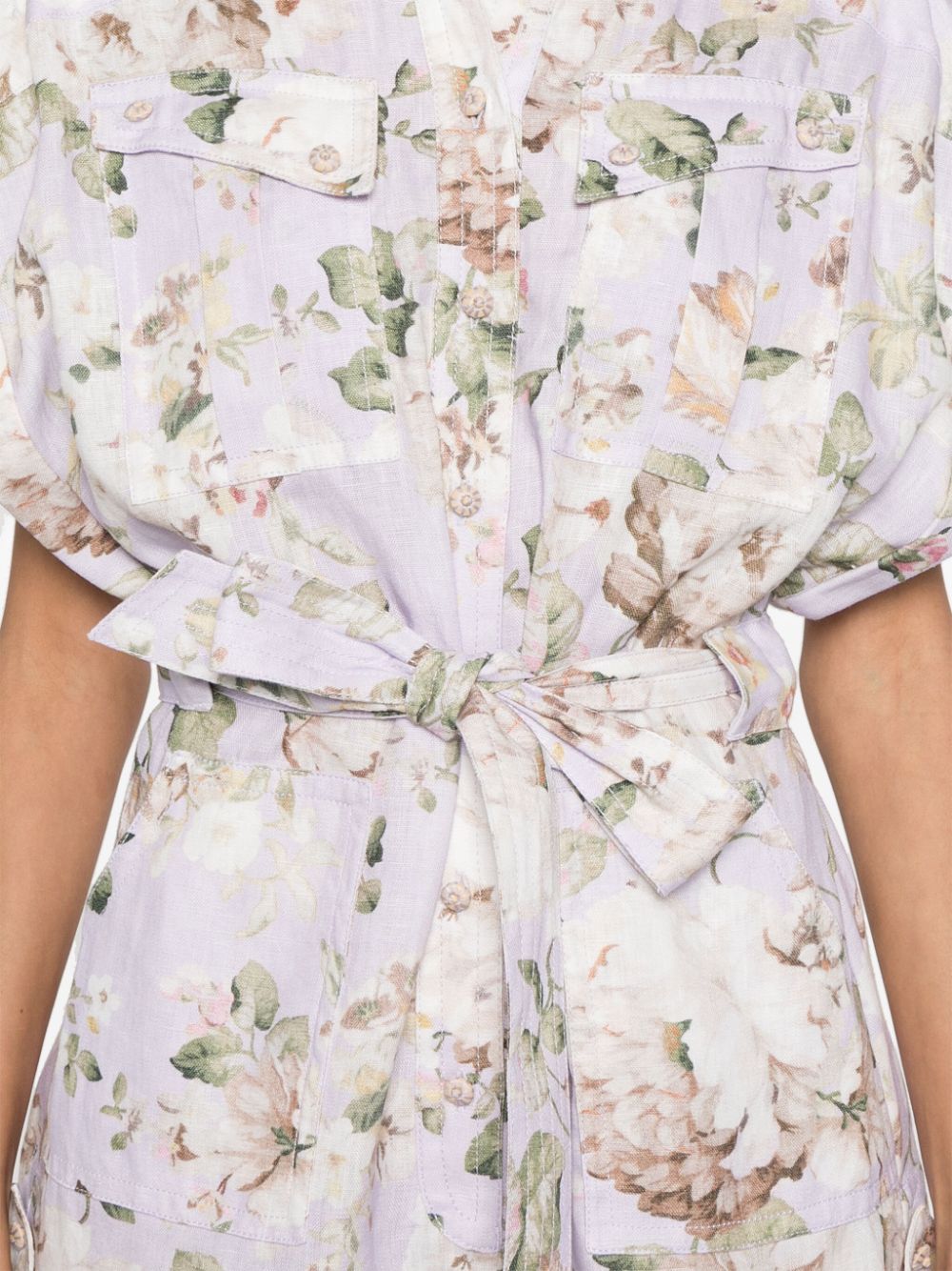 ZIMMERMANN Floral Printed Linen Playsuit with Belted Waist - Thigh Length