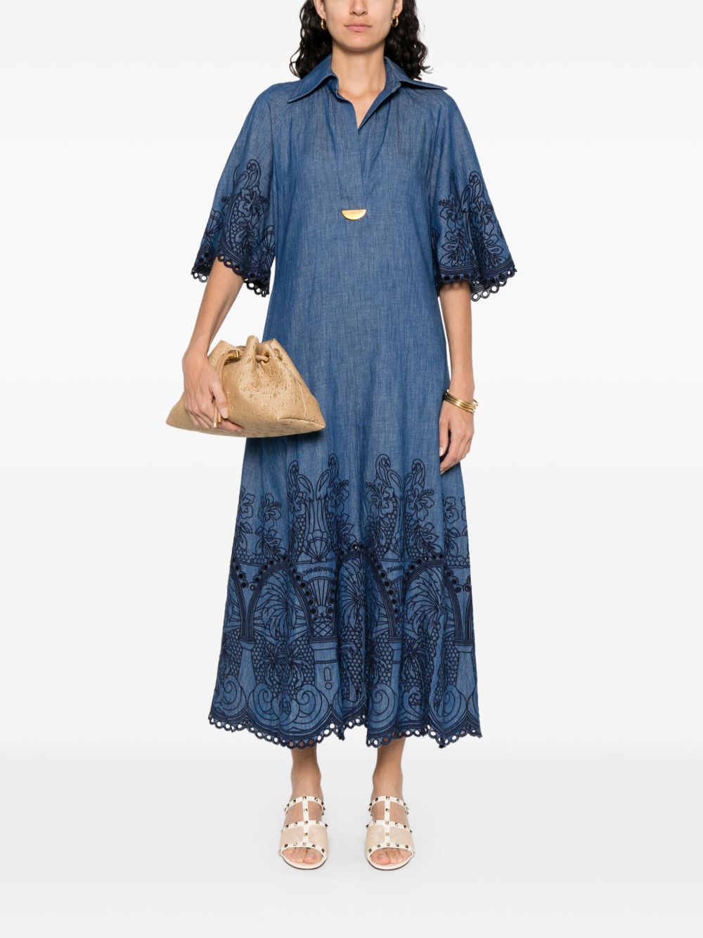 ZIMMERMANN Embroidered Denim Dress with Half-Length Sleeves