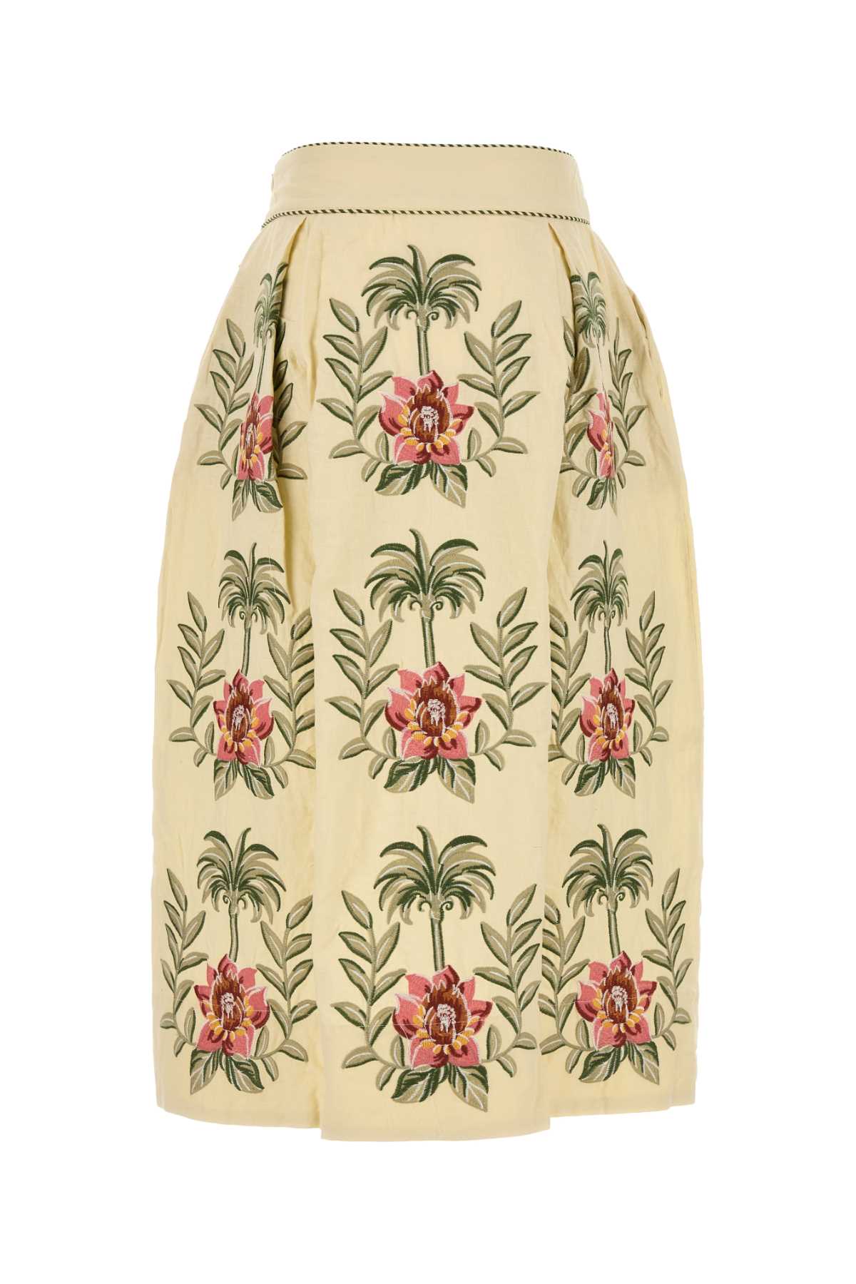 FARM RIO Linen Blend Maxi Skirt with Tropical Flower Embroidery