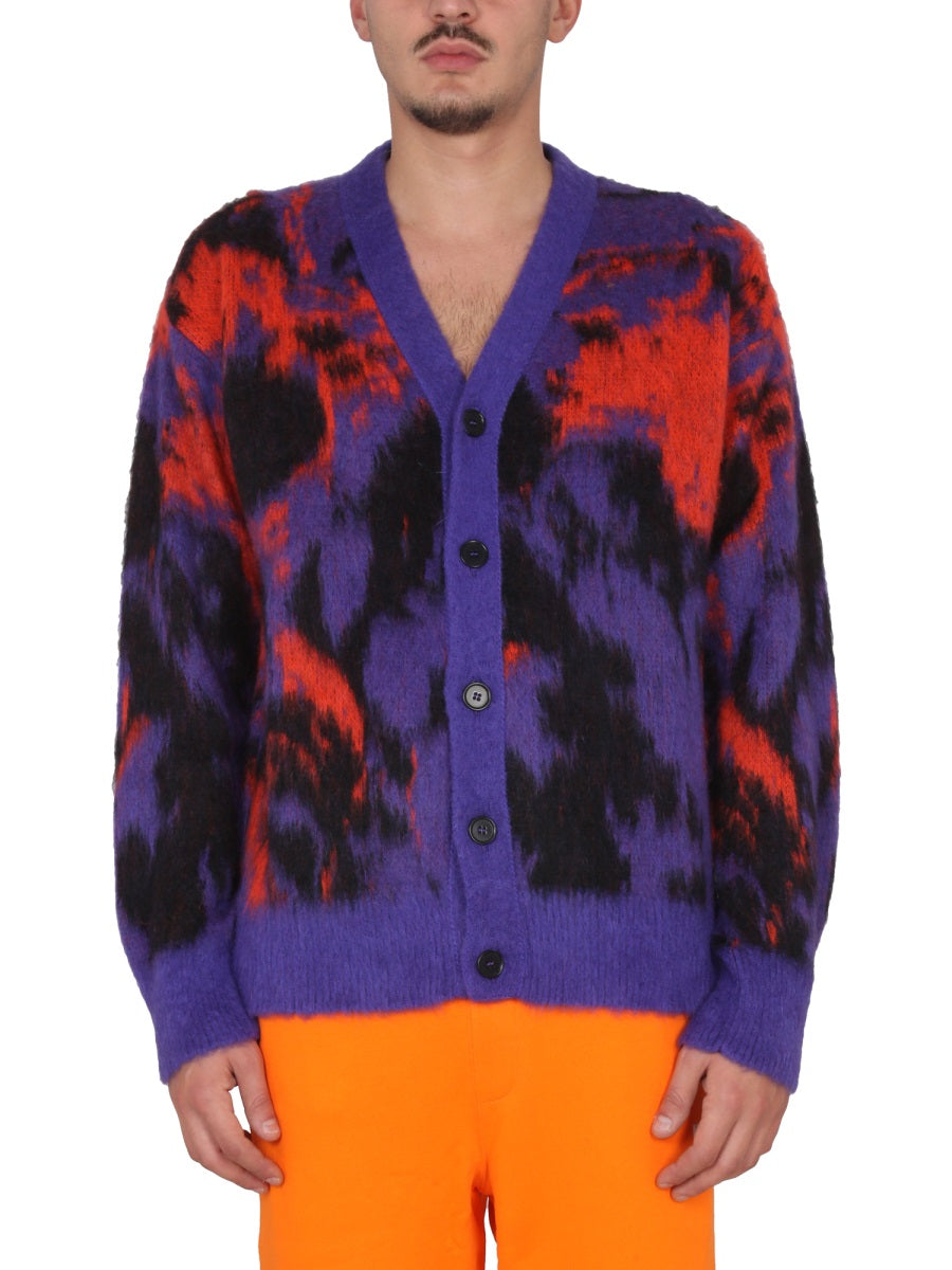 MSGM Men's V-Neck Cardigan with Ribbed Collar and Cuffs