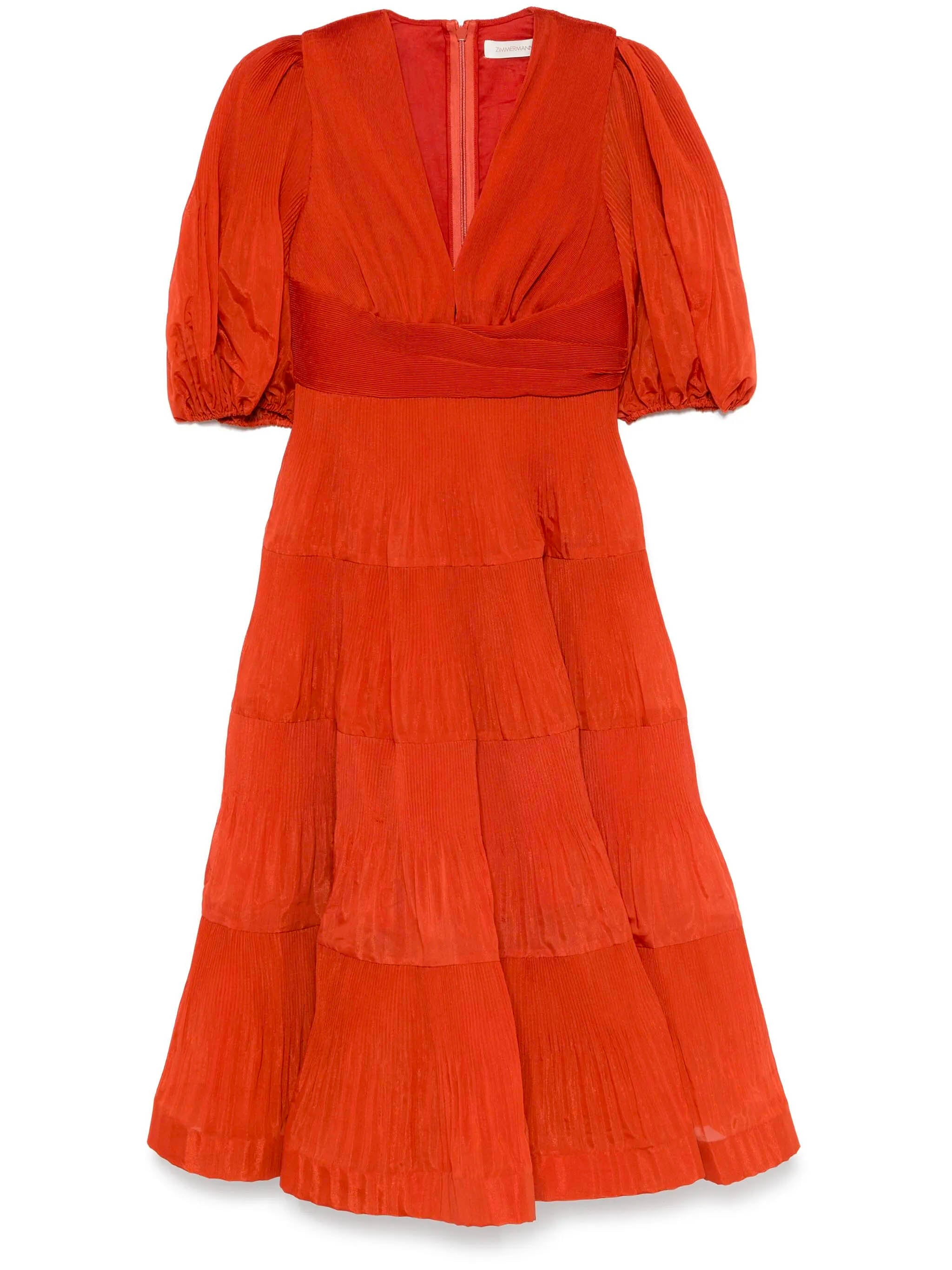 ZIMMERMANN Pleated Midi Dress with Deep V-Neck and Puff Sleeves - Size 0