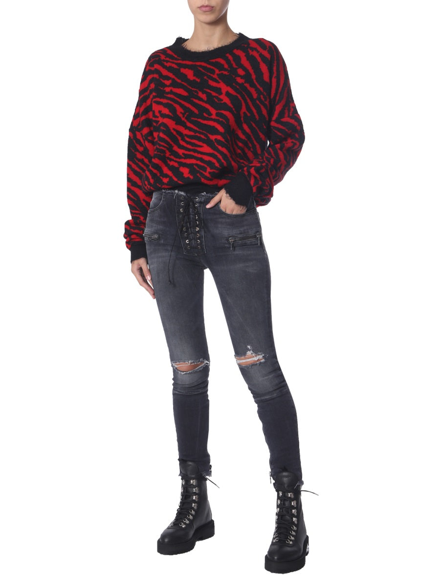 Unraveled Skinny Fit Jeans with Front Lace Closure