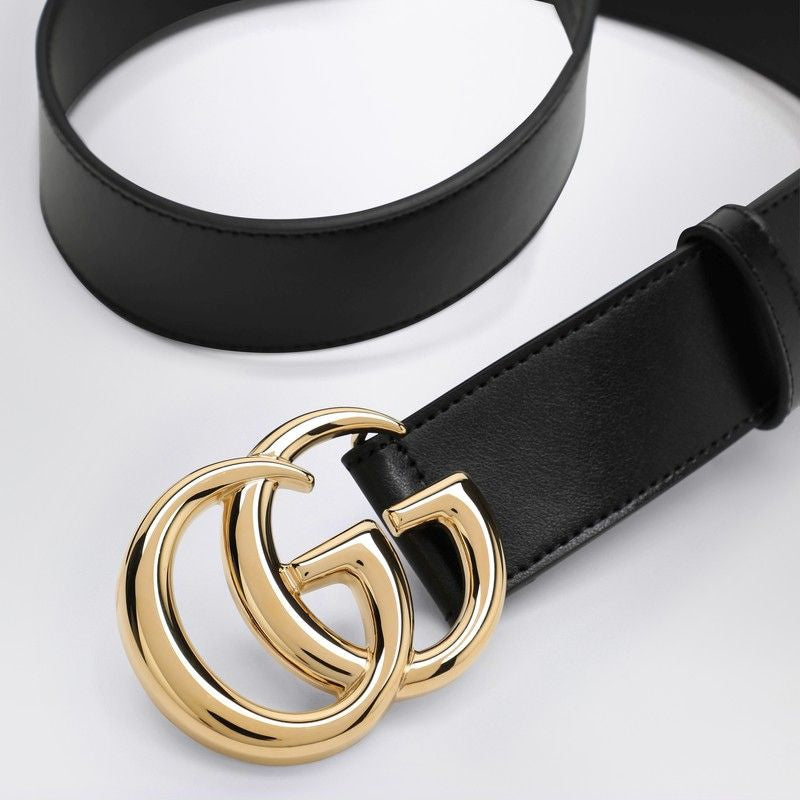 GUCCI Men's Smooth Leather Belt with Gold GG Marmont Buckle
