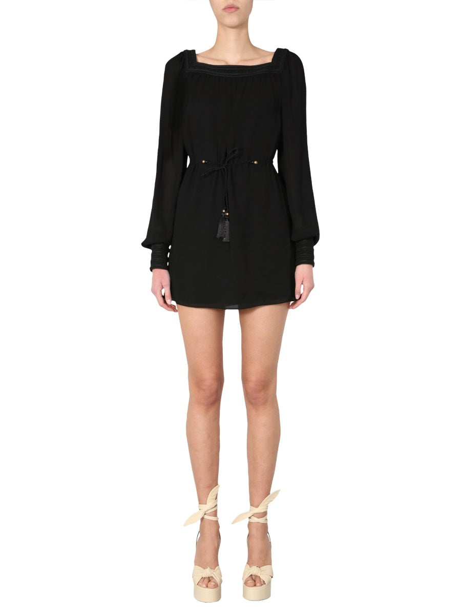 SAINT LAURENT Embroidered Square Neck Long Sleeved Dress