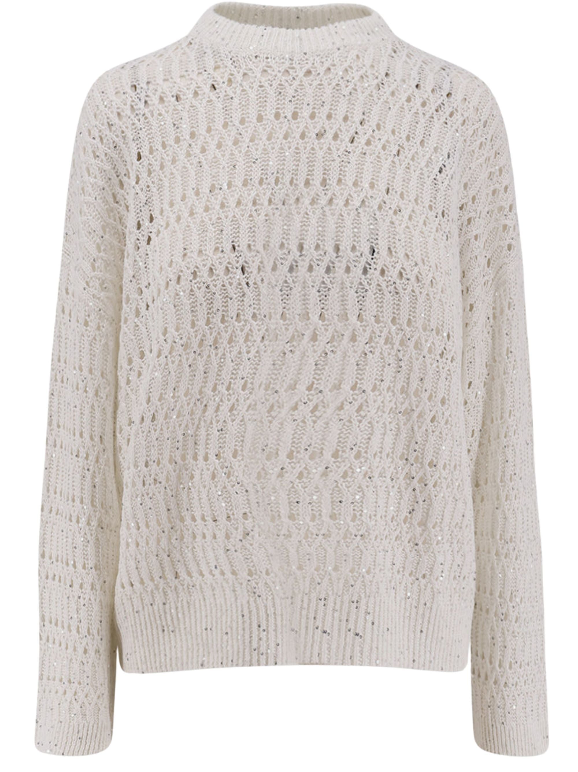 Brunello Cucinelli Linen Crochet Crewneck Sweater with Loose Fit and Sequins