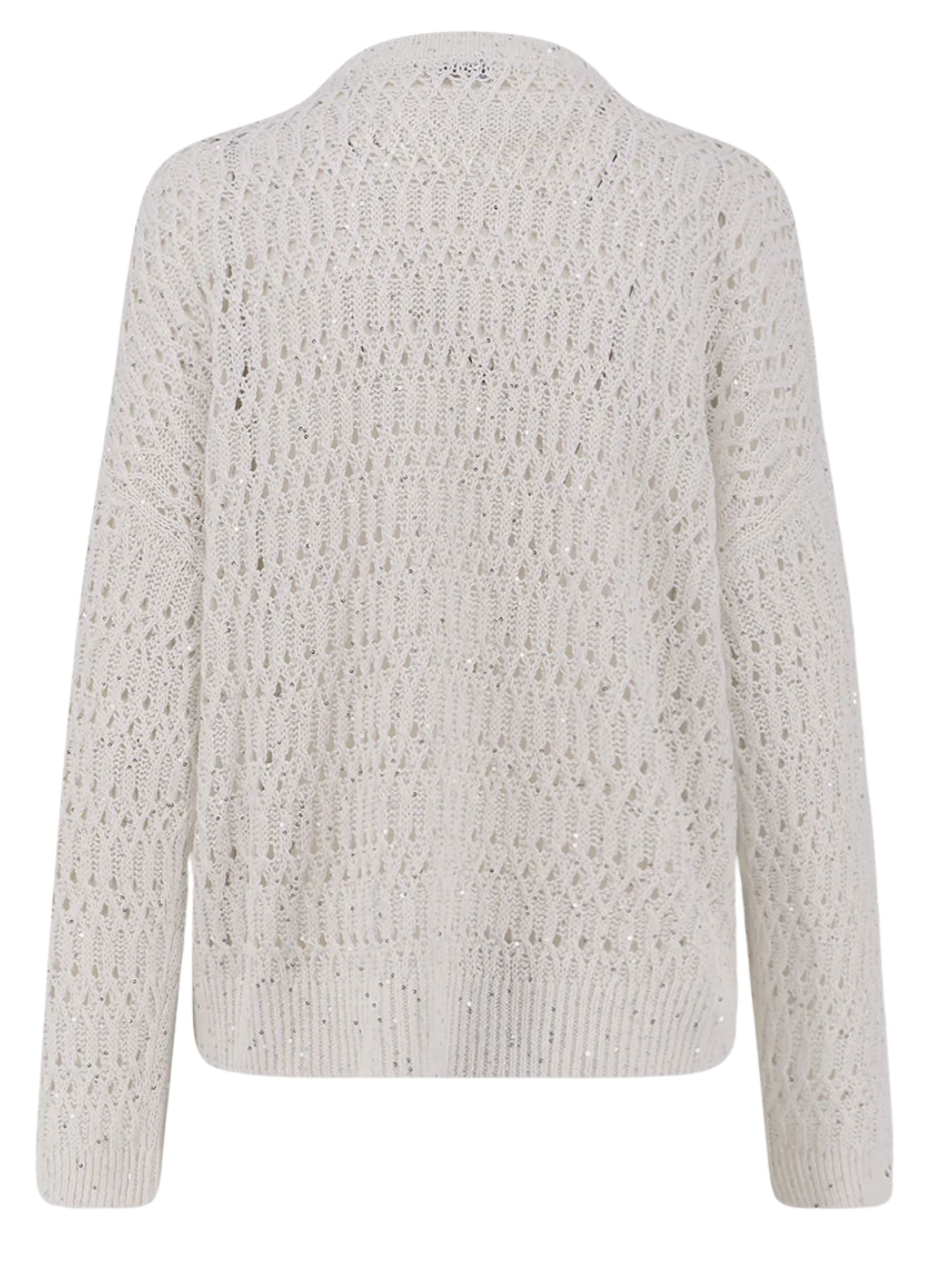 Brunello Cucinelli Linen Crochet Crewneck Sweater with Loose Fit and Sequins