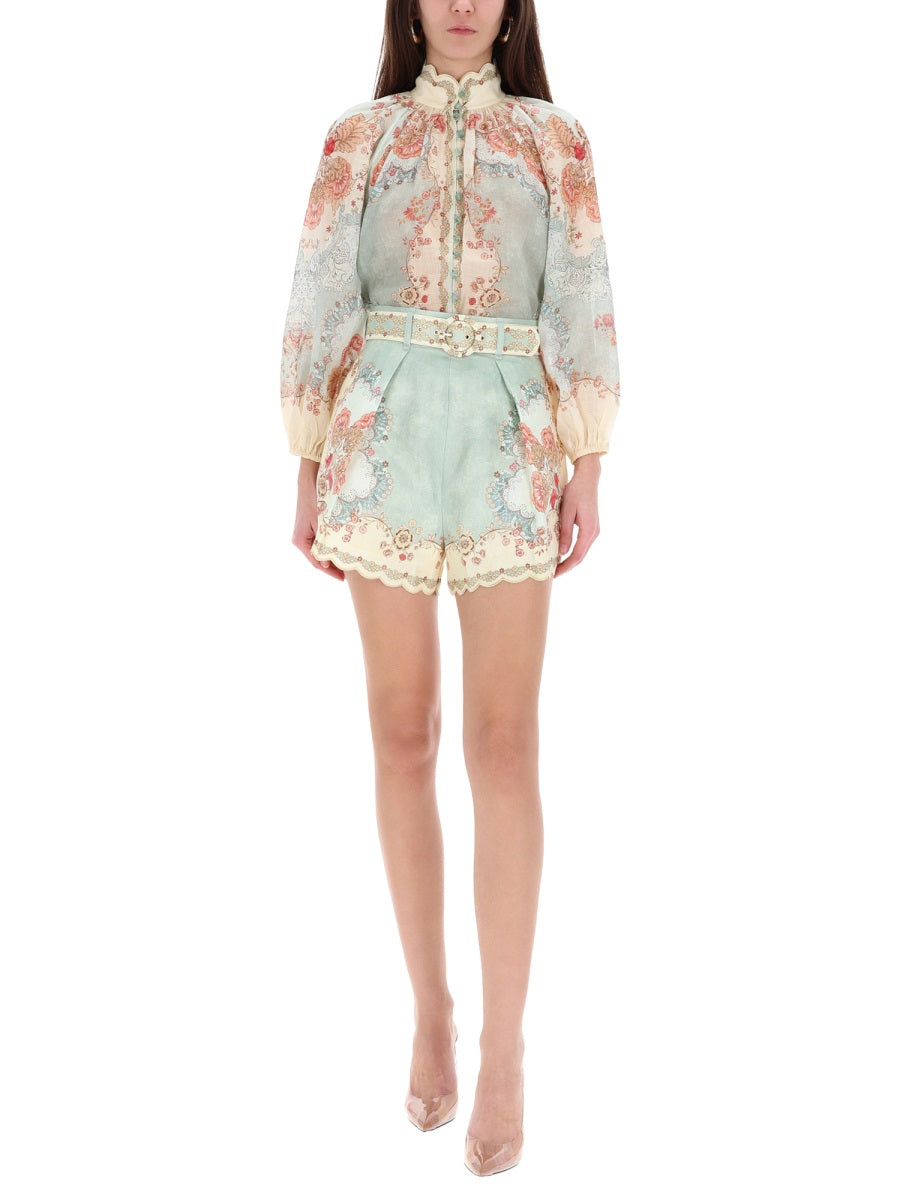 ZIMMERMANN High Waist Floral Print Shorts with Lace Trim