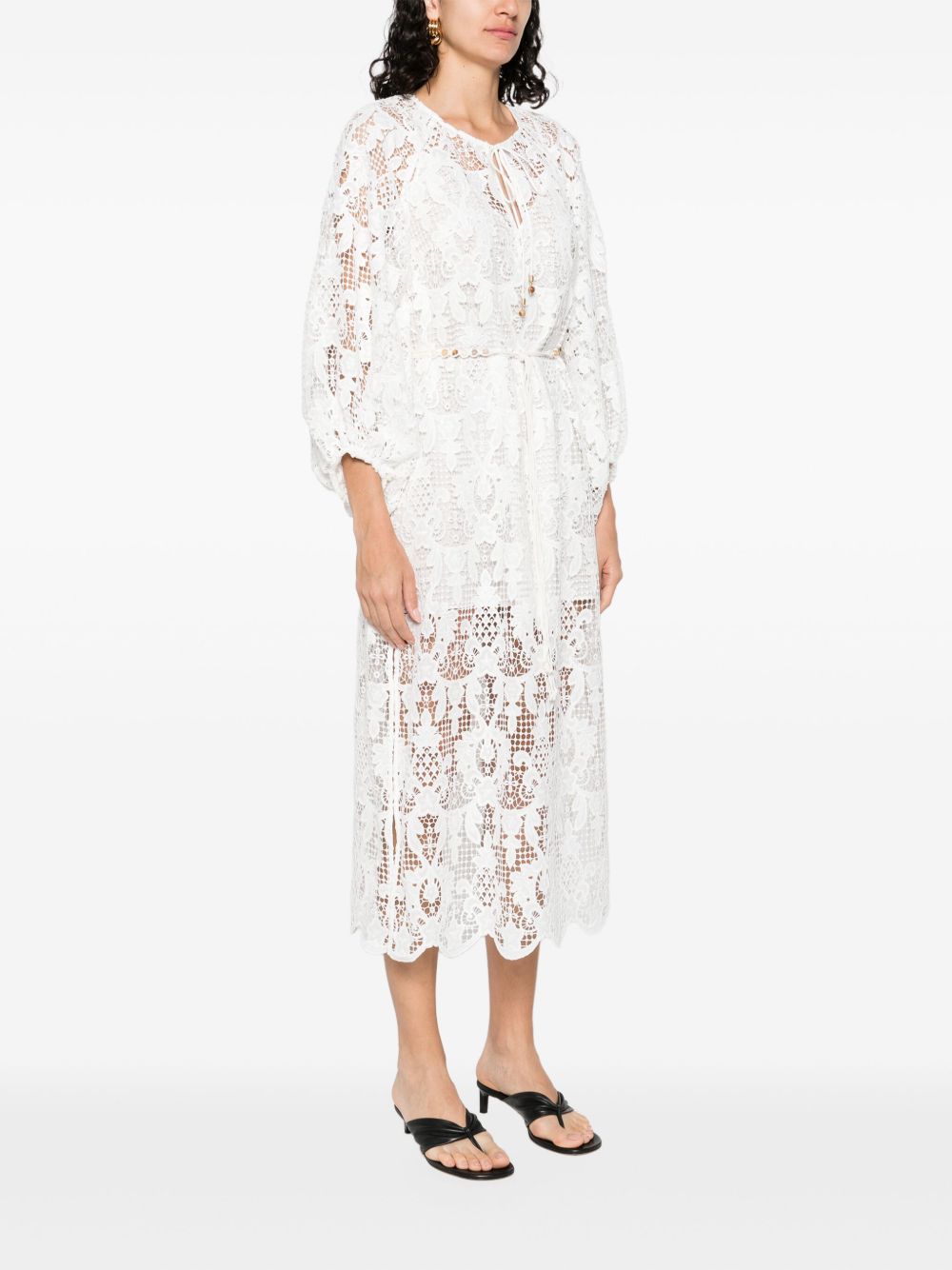 ZIMMERMANN Lace-Up Midi Dress with Puff Sleeves