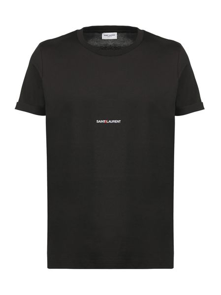 SAINT LAURENT Logo Print T-Shirt with Micro Ribbed Collar - Size M