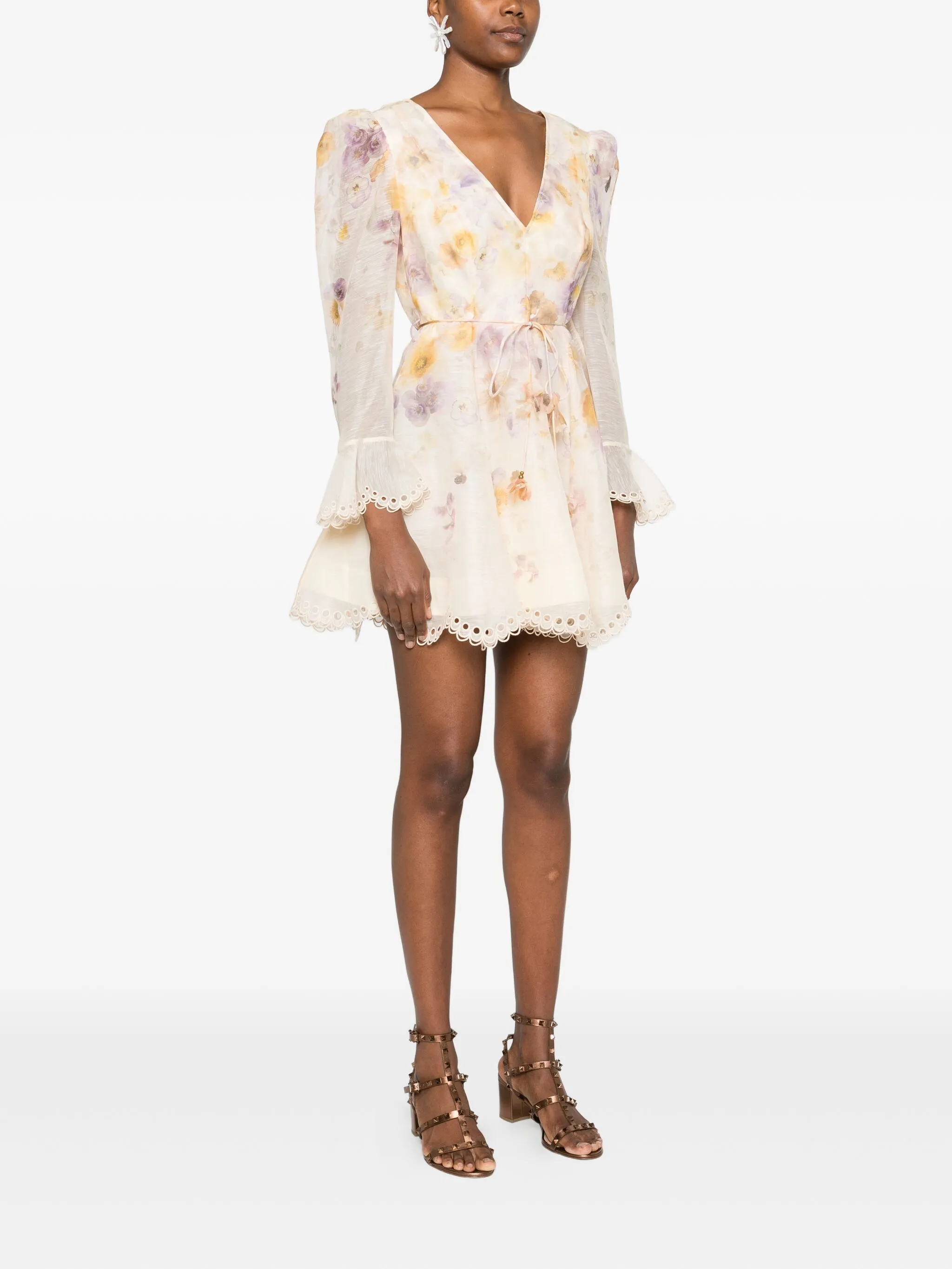 ZIMMERMANN Embroidered Mini Dress with Puffed Shoulders - Size 0