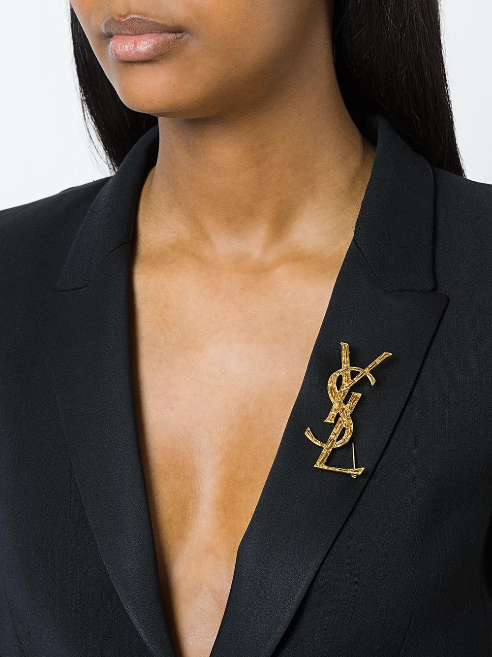 SAINT LAURENT Crocodile-Effect Monogram Brooch
