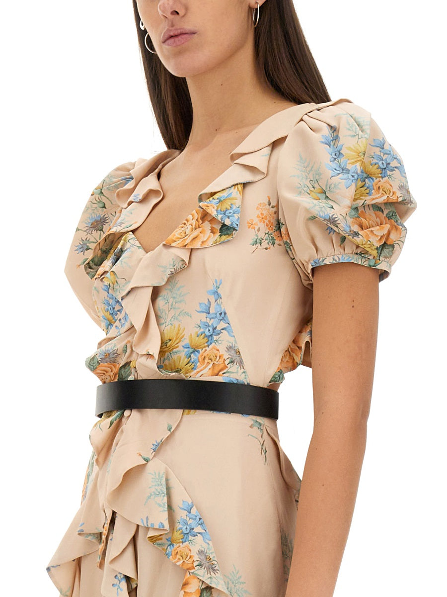 ALEXANDER MCQUEEN Floral Print Ruched Silk Dress with V Collar and Puff Sleeves