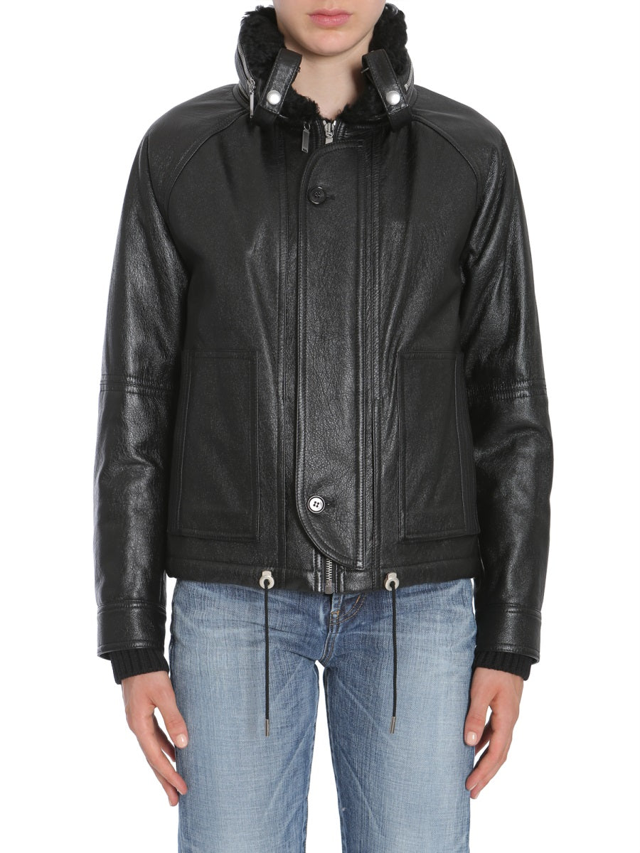 SAINT LAURENT Leather Bomber Jacket with Resealable Hood