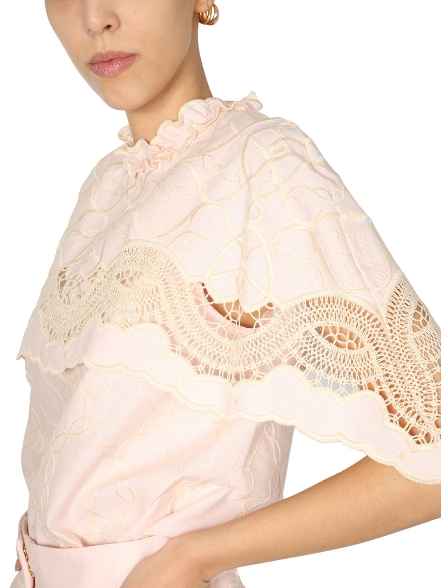 ALBERTA FERRETTI Embroidered Cape Top with Back Button Closure