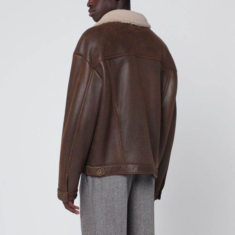 SALVATORE SANTORO Men's Burnt Brown Leather Jacket with Shearling Interior