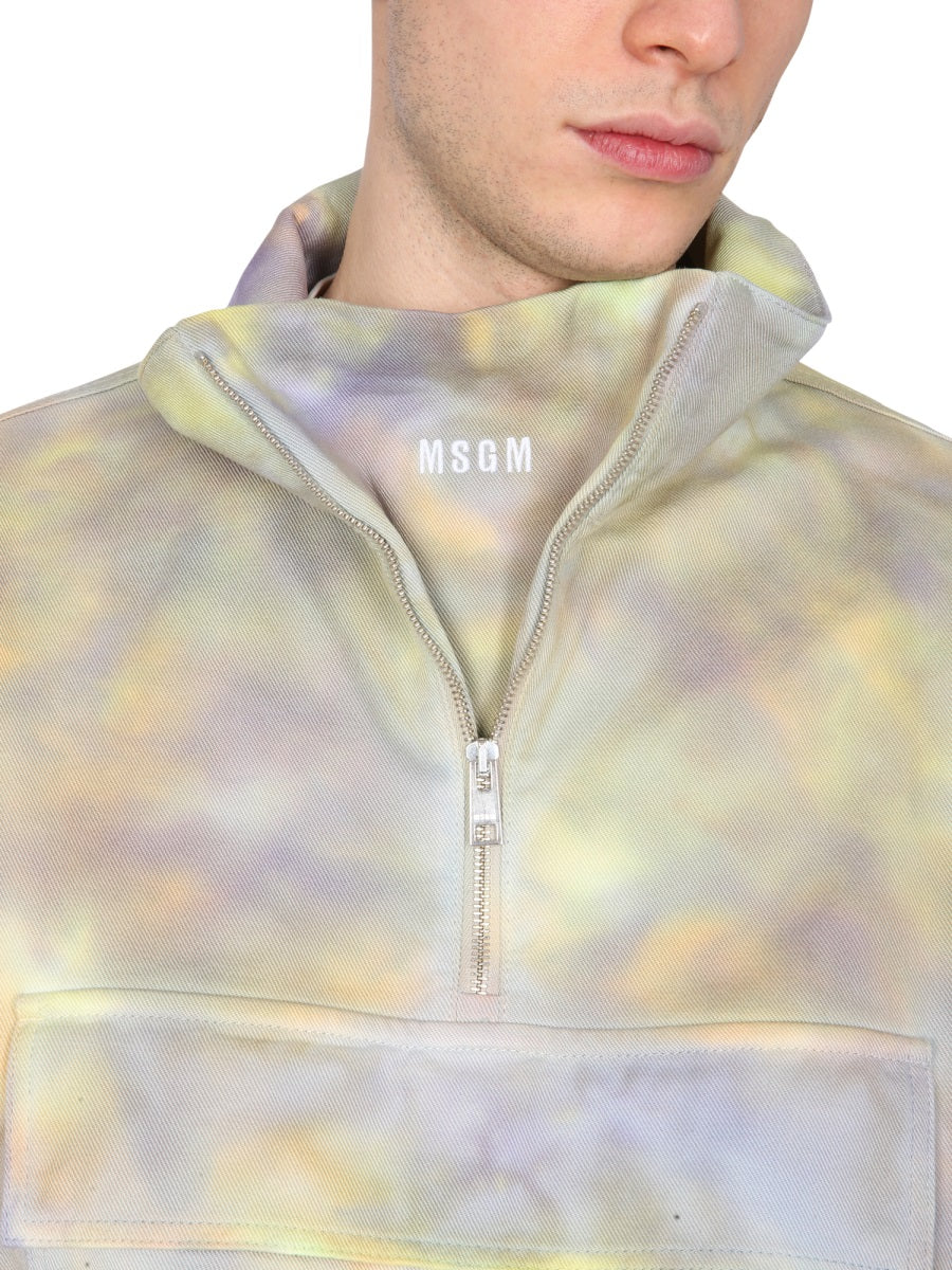 MSGM Men's Printed Anorak Jacket with Polo Neck