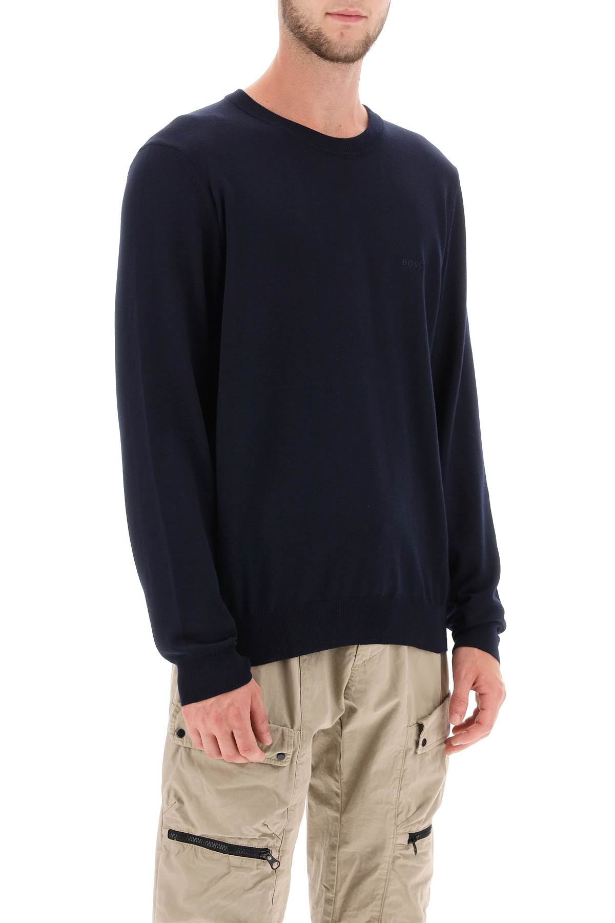 BOSS Men's Virgin Wool Sweater - Tone on Tone Embroidery