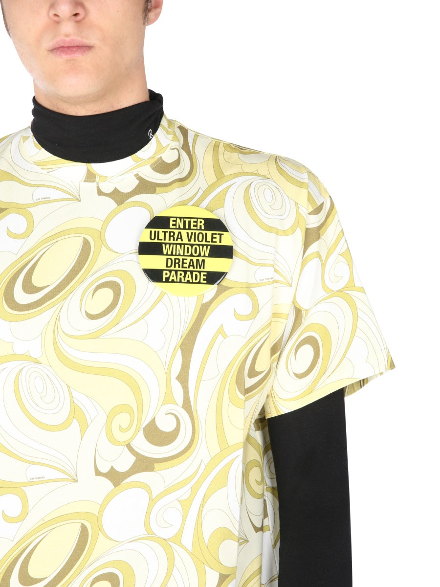 RAF SIMONS Crew Neck T-Shirt with All Over Hippie Print - Men's
