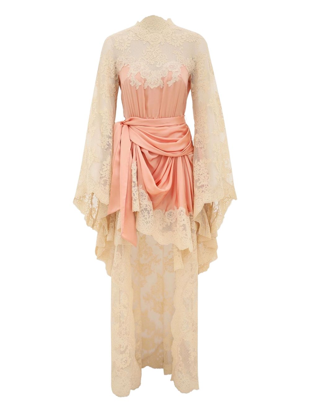 ZIMMERMANN Silk Long Dress with High Lace Neckline and Self-Tie Waist