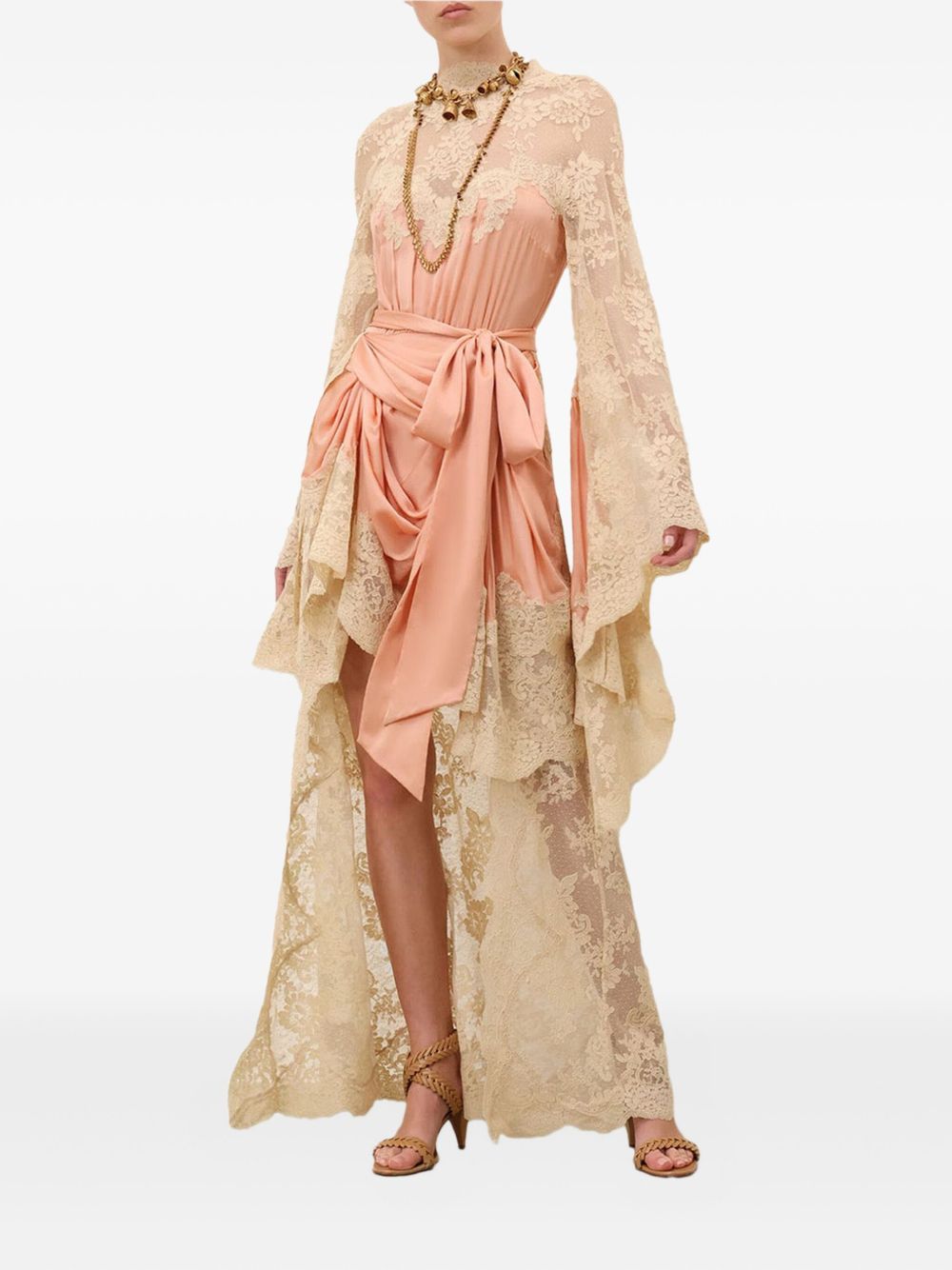 ZIMMERMANN Silk Long Dress with High Lace Neckline and Self-Tie Waist