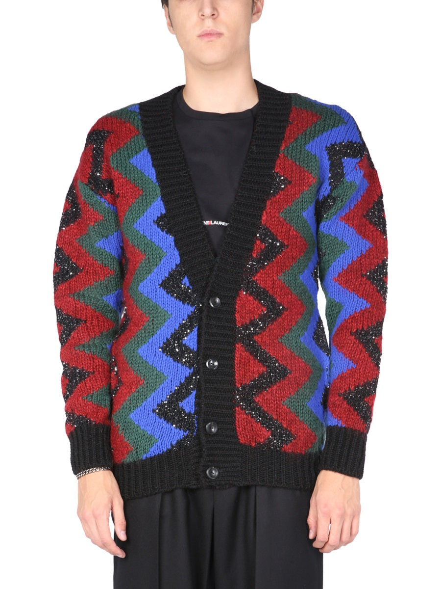 SAINT LAURENT Jacquard Cardigan - V-Neck Design with Front Button Closure