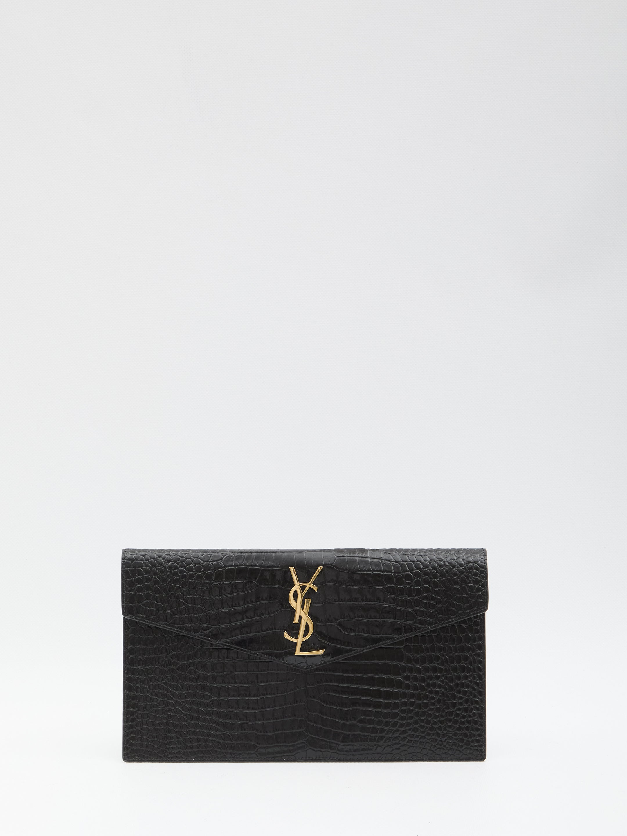 SAINT LAURENT Mini Uptown Clutch in Shiny Crocodile-Embossed Leather with Metal Initials