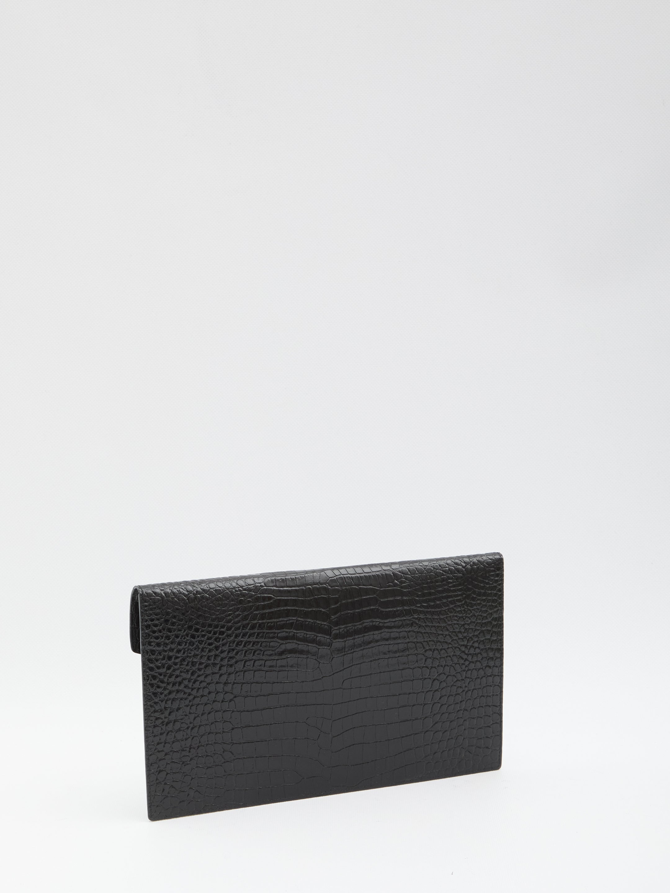 SAINT LAURENT Mini Uptown Clutch in Shiny Crocodile-Embossed Leather with Metal Initials