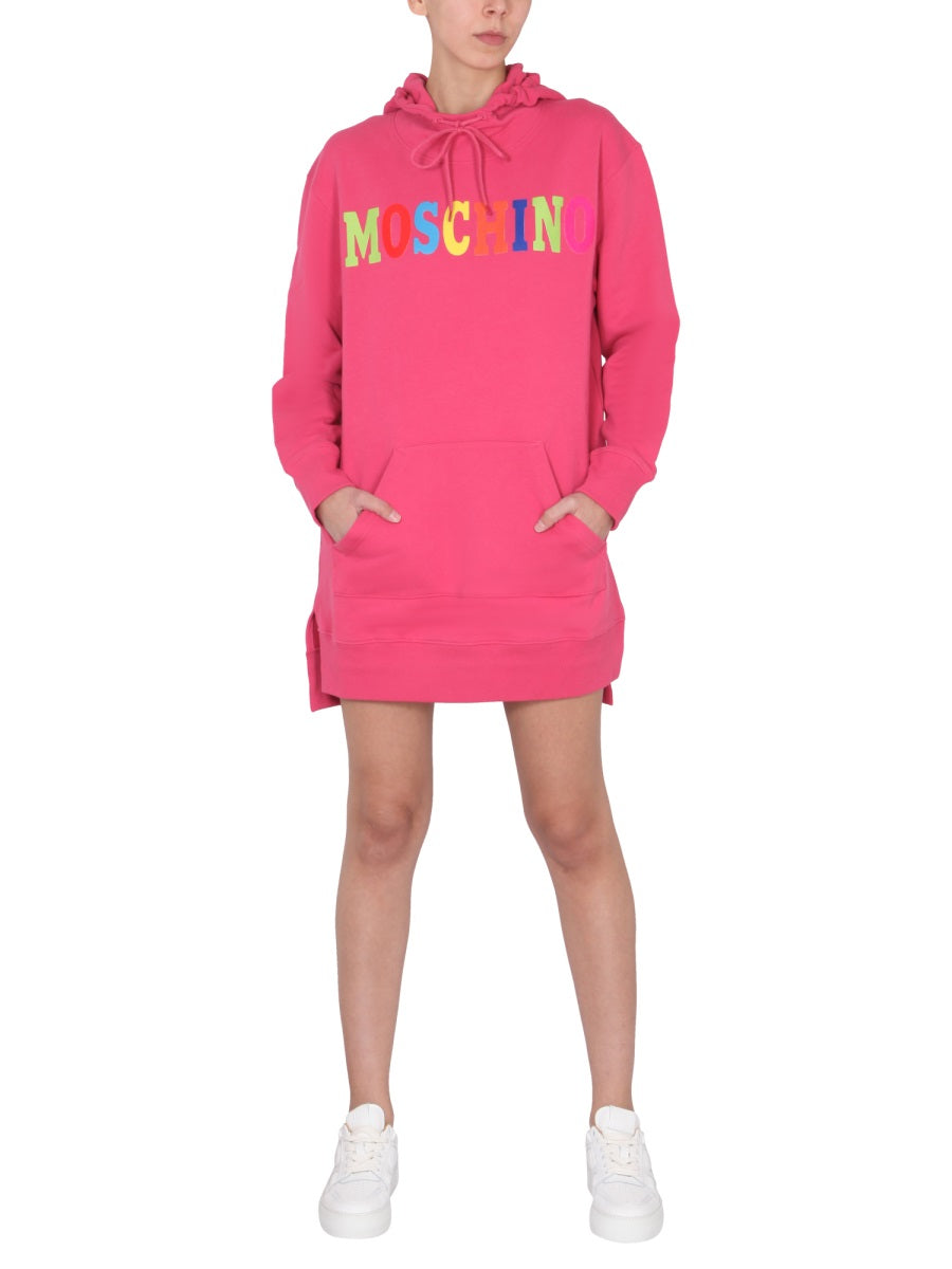 MOSCHINO Statement Mini Dress with Multicolor Flocked Logo