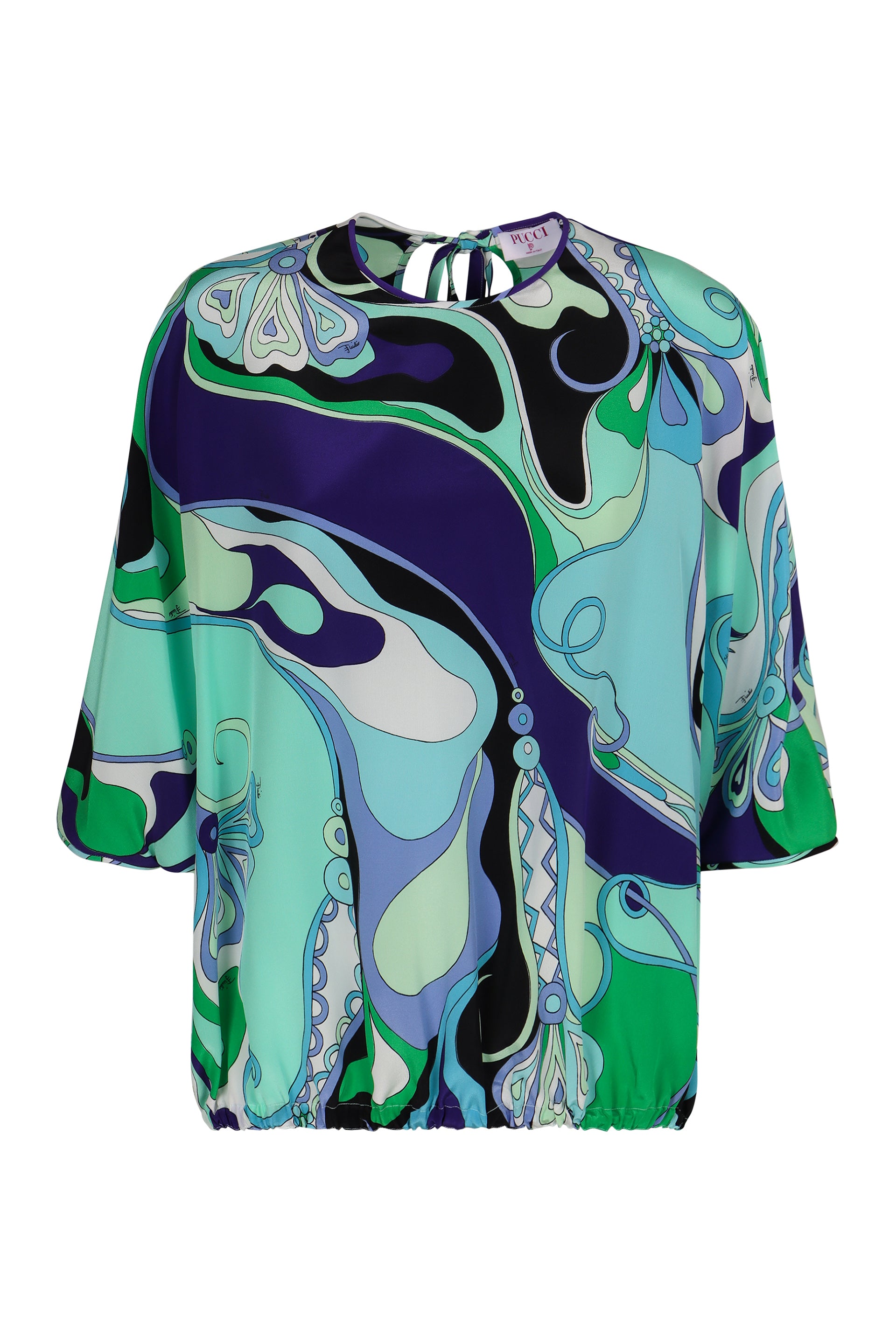 EMILIO PUCCI Elegant Printed Silk Blouse with Tie Neck Detail & Adjustable Hem