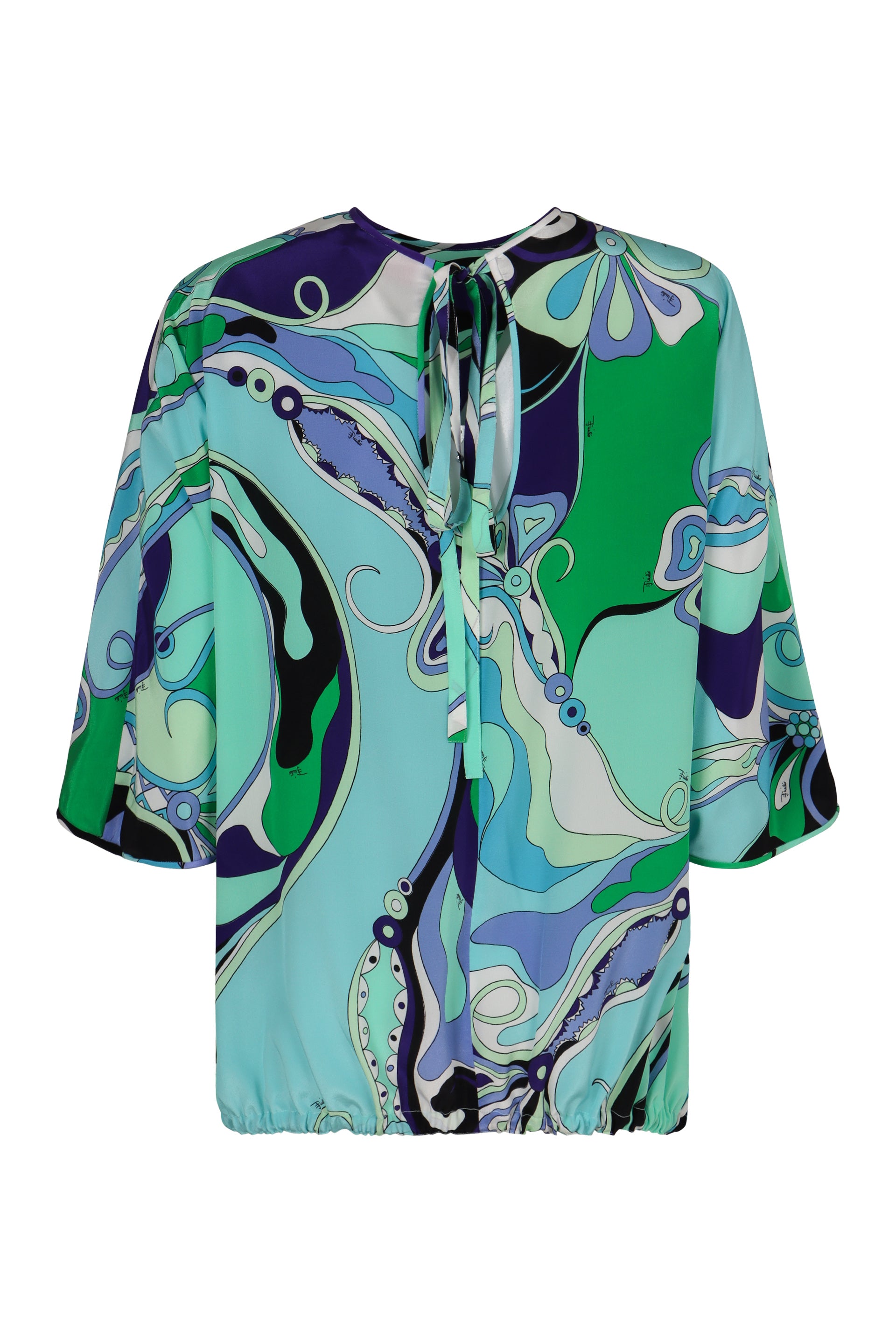 EMILIO PUCCI Elegant Printed Silk Blouse with Tie Neck Detail & Adjustable Hem