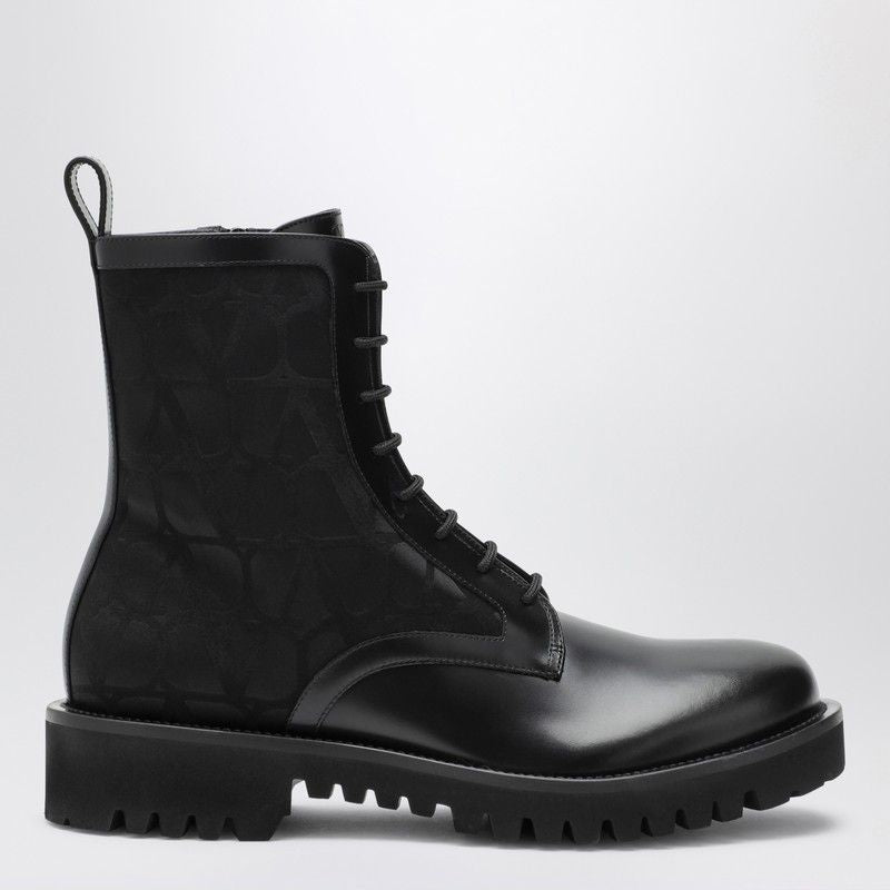 VALENTINO GARAVANI Combat Boot in Technical Fabric and Iconic Calfskin