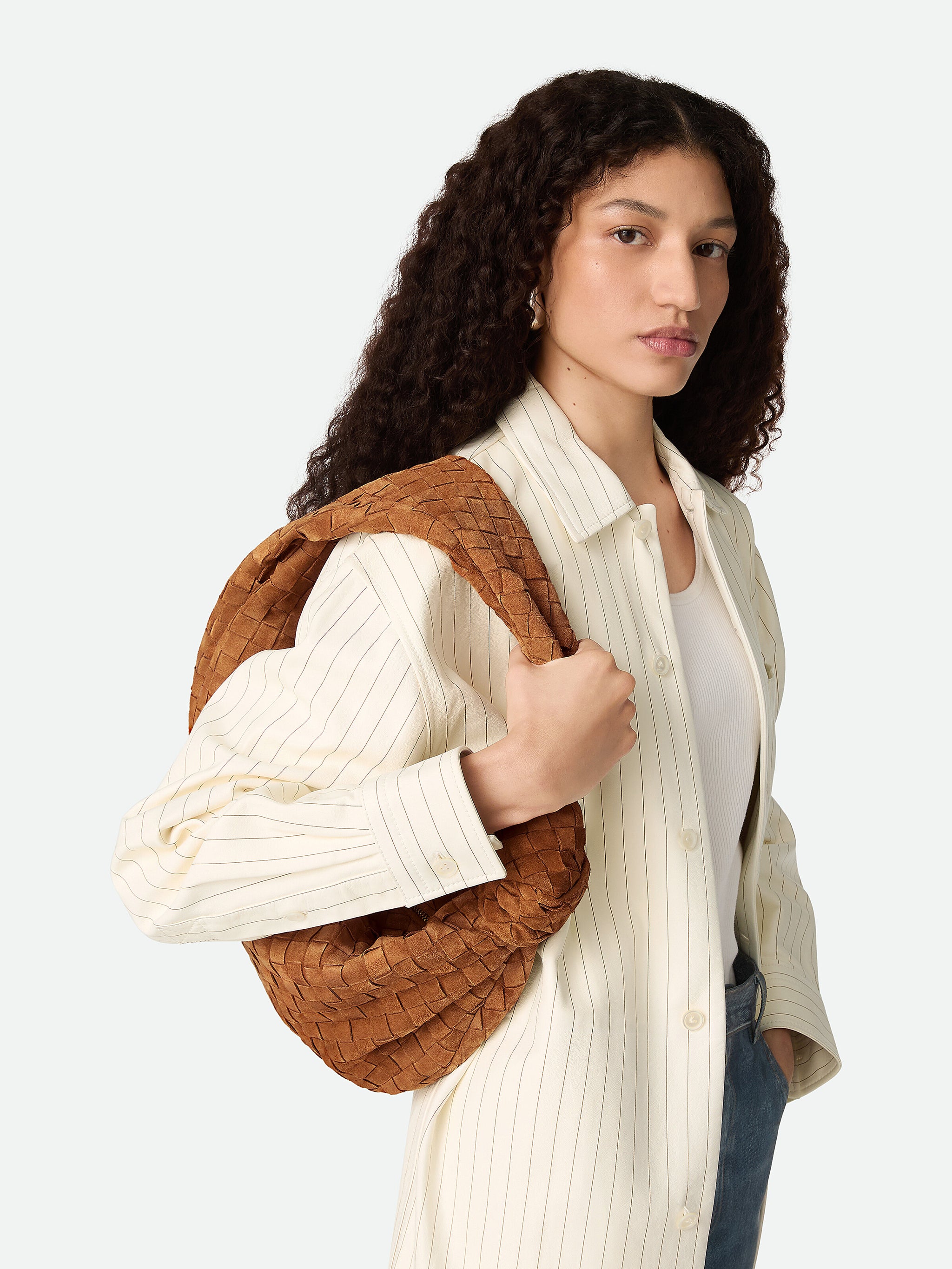 BOTTEGA VENETA Suede Shoulder Handbag with Intrecciato Motif - W 20 X H 48 X D 16 CM