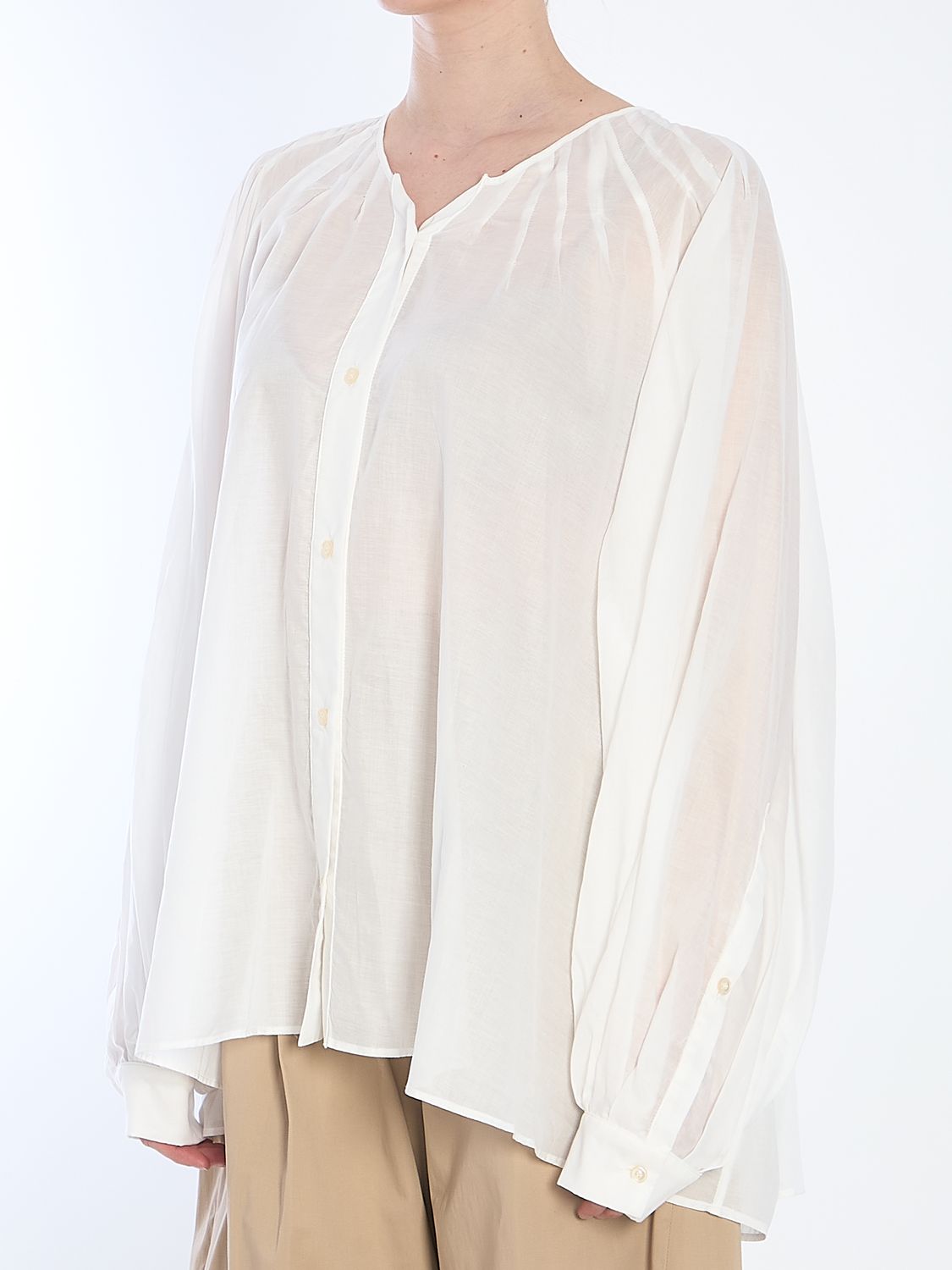 THE LATEST Oversized Round-Neck Blouse with Button Closure and Pleats
