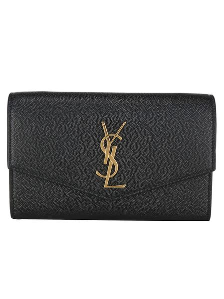SAINT LAURENT Pebbled Calfskin Leather Mini Clutch with Chain Strap