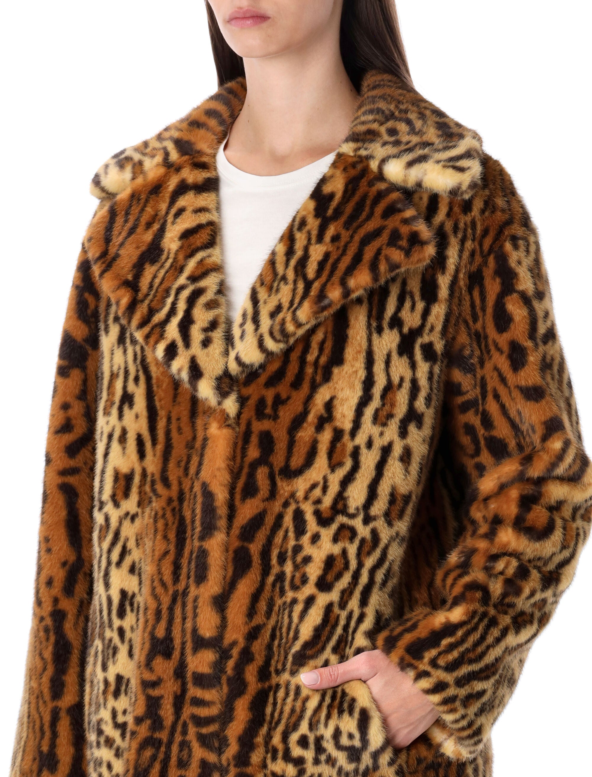 STAND STUDIO Leopard-Print Faux Fur Jacket with Wide Lapels for Women