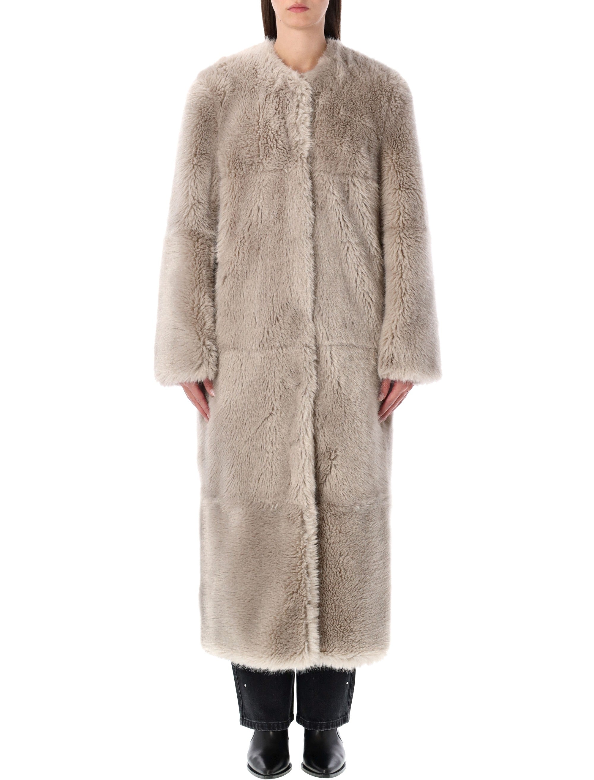 STAND STUDIO Hilma Patchwork Faux Fur Jacket - Long Straight Silhouette