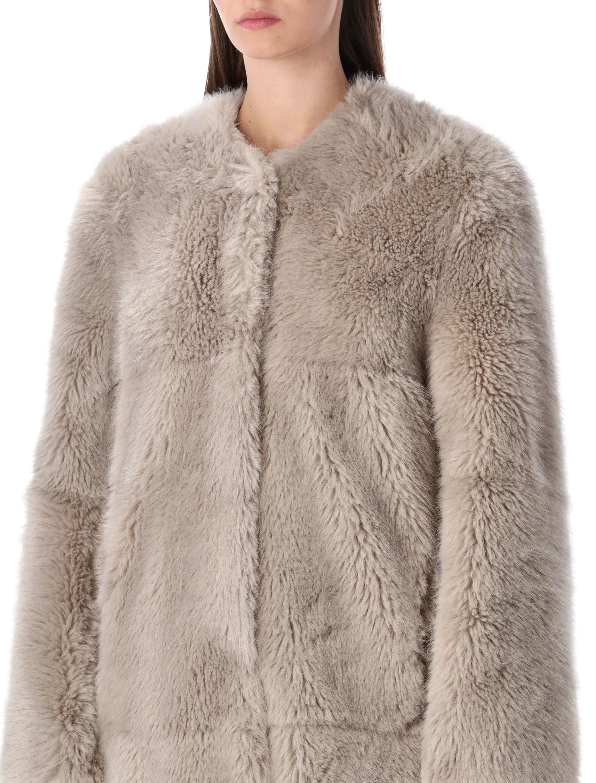 STAND STUDIO Hilma Patchwork Faux Fur Jacket - Long Straight Silhouette