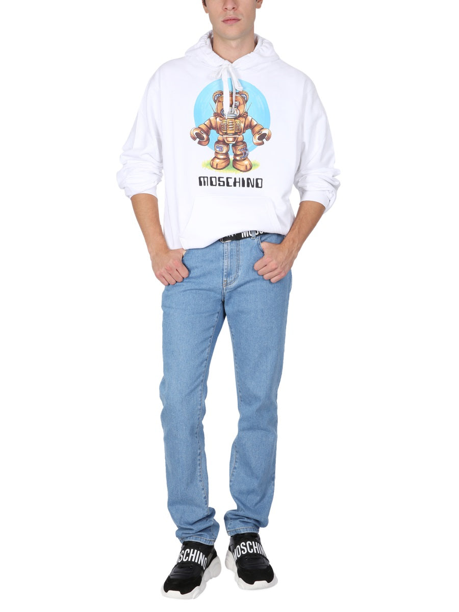MOSCHINO Men's Drawstring Hood Teddy Print Sweatshirt