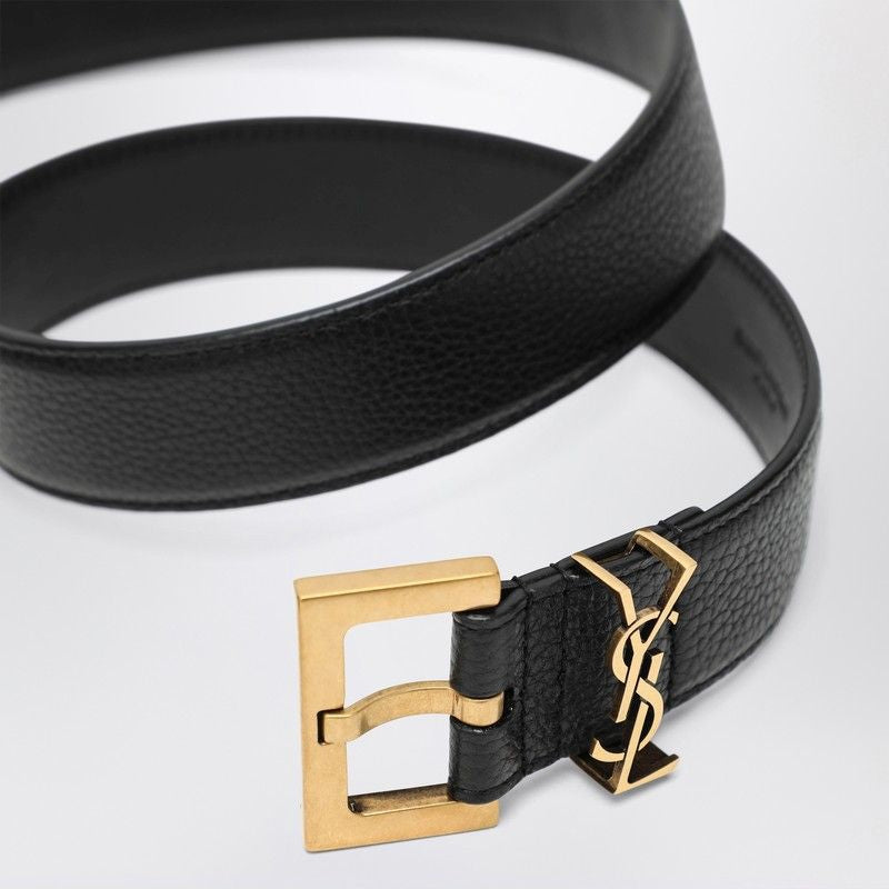 SAINT LAURENT Cassandre Leather Belt with Square Metal Buckle
