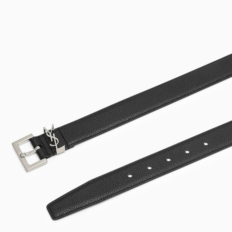 SAINT LAURENT Grained Leather Cassandre Belt with Square Buckle