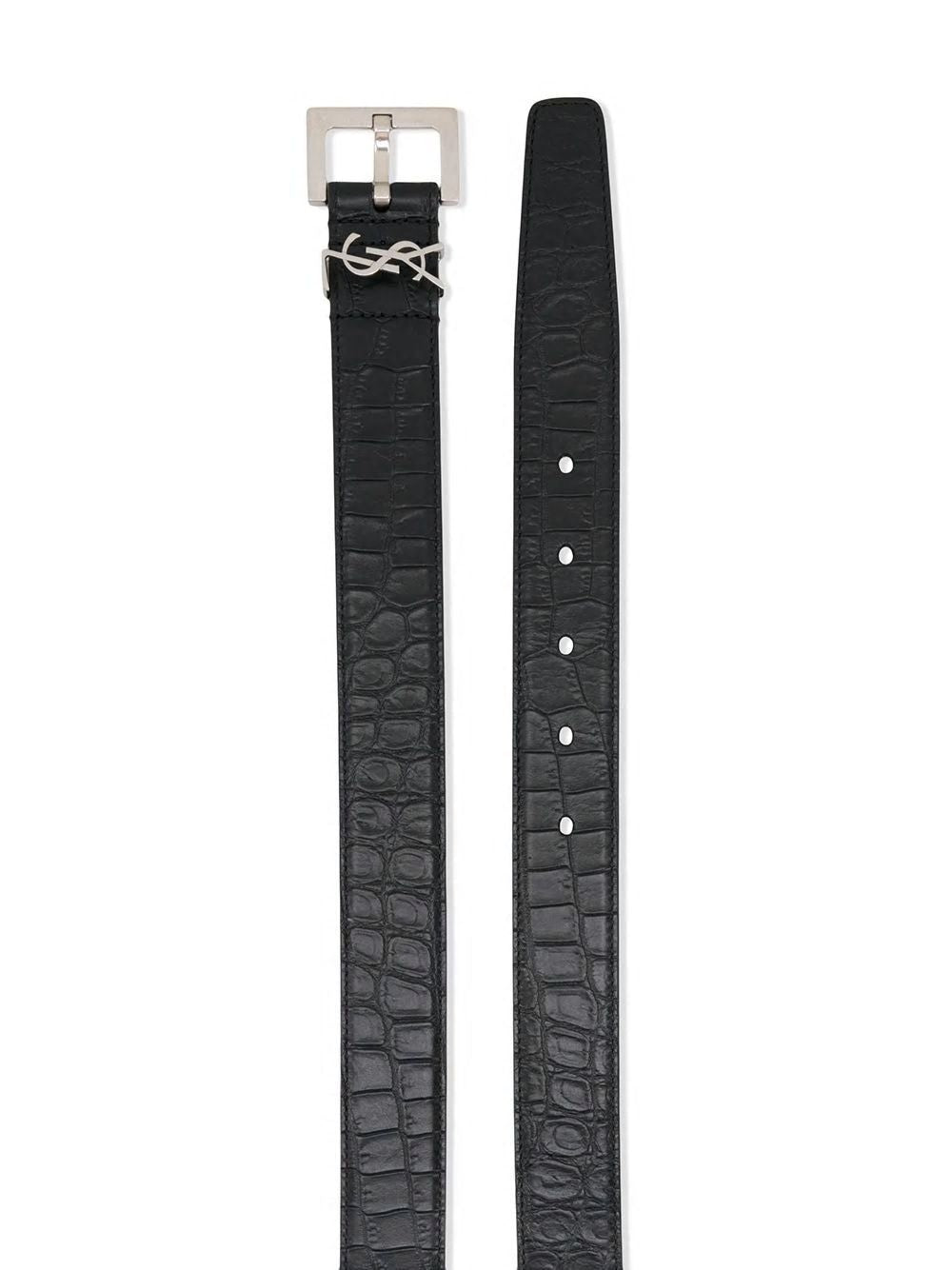 SAINT LAURENT Crocodile-Embossed Leather Belt with Adjustable Square Buckle - 3cm Height