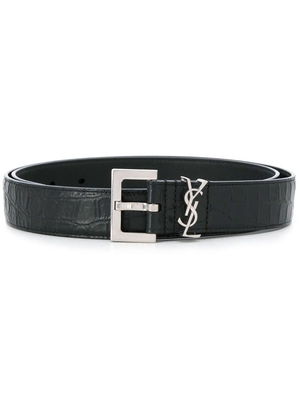 SAINT LAURENT Crocodile-Embossed Leather Belt with Adjustable Square Buckle - 3cm Height