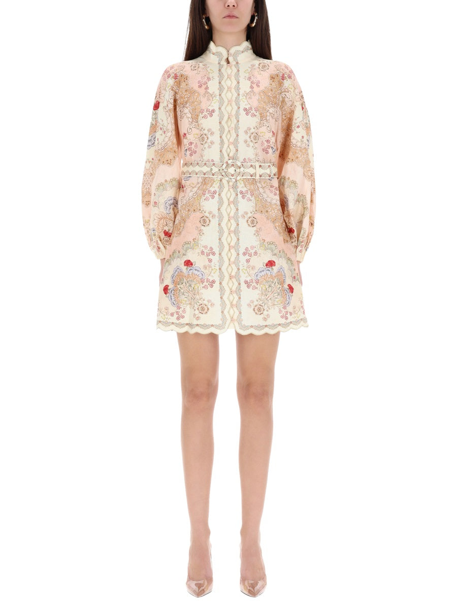 ZIMMERMANN Floral Print High Neck Mini Dress with Belt & Lace Trim
