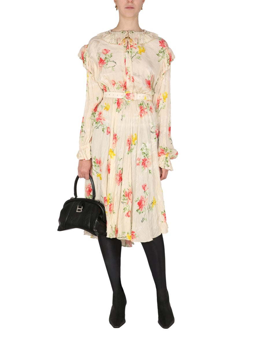 BALENCIAGA Floral Drawstring Collar Dress