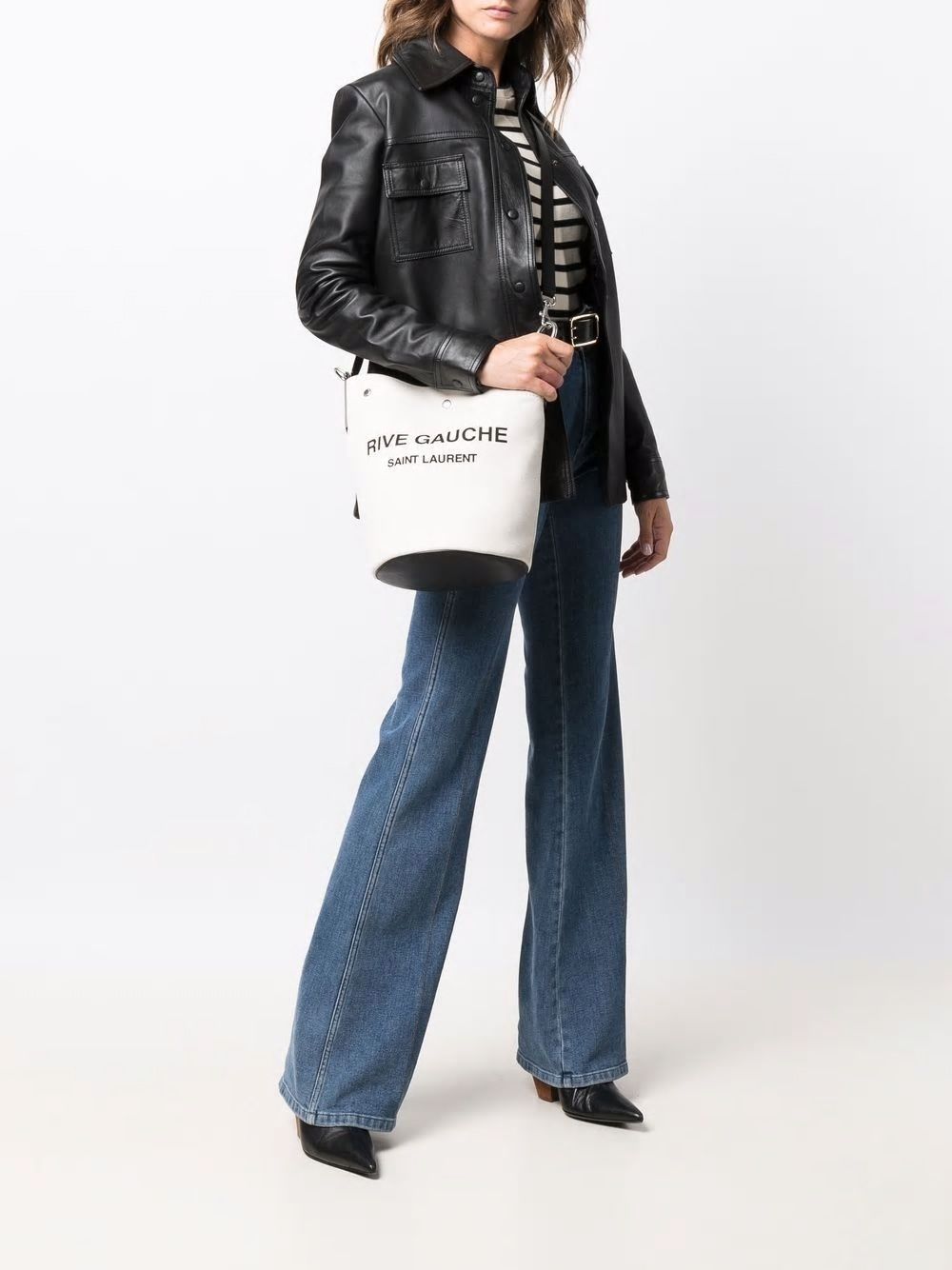 SAINT LAURENT Two-Tone Canvas and Leather Medium Bucket Handbag