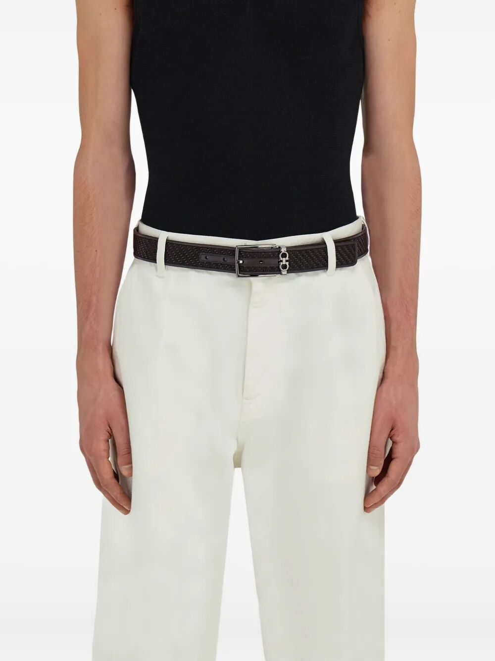 Ferragamo Basketweave Effect Leather Belt with Square Buckle