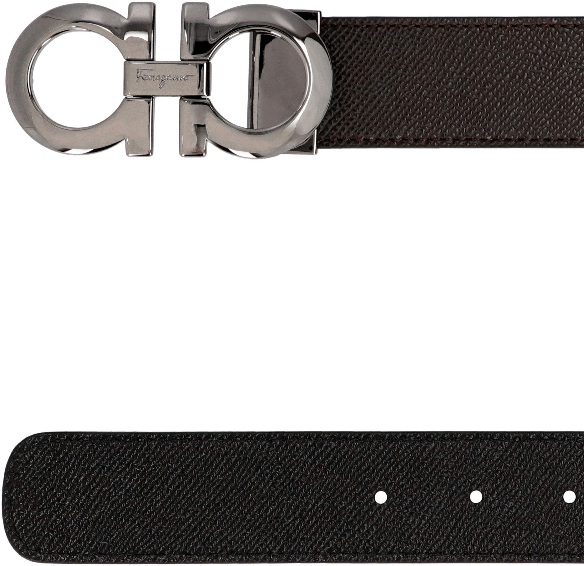 Ferragamo Reversible Leather Belt with Dark-Tone Metal Buckle - 9x4.5cm